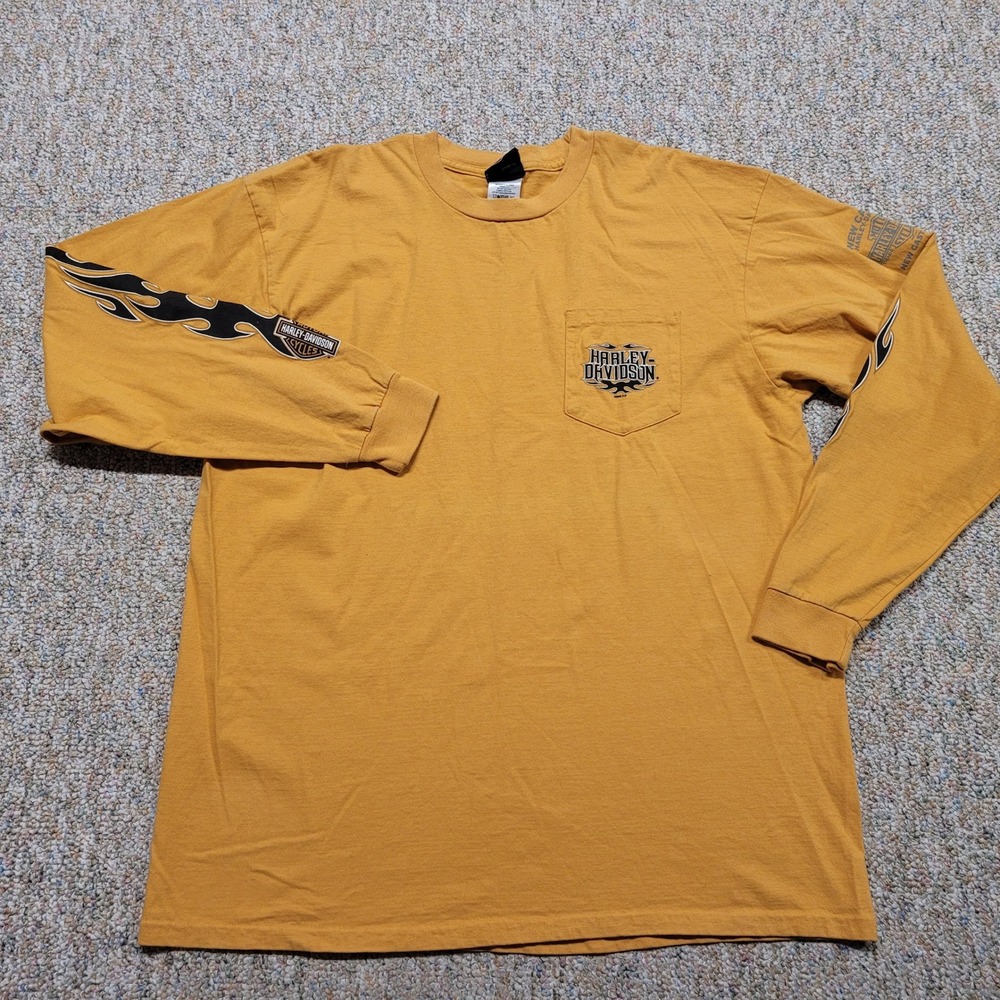 Harley-Davidson Shirt Mens 2XL Yellow Long Sleeve Flame Graphic Pocket USA Biker